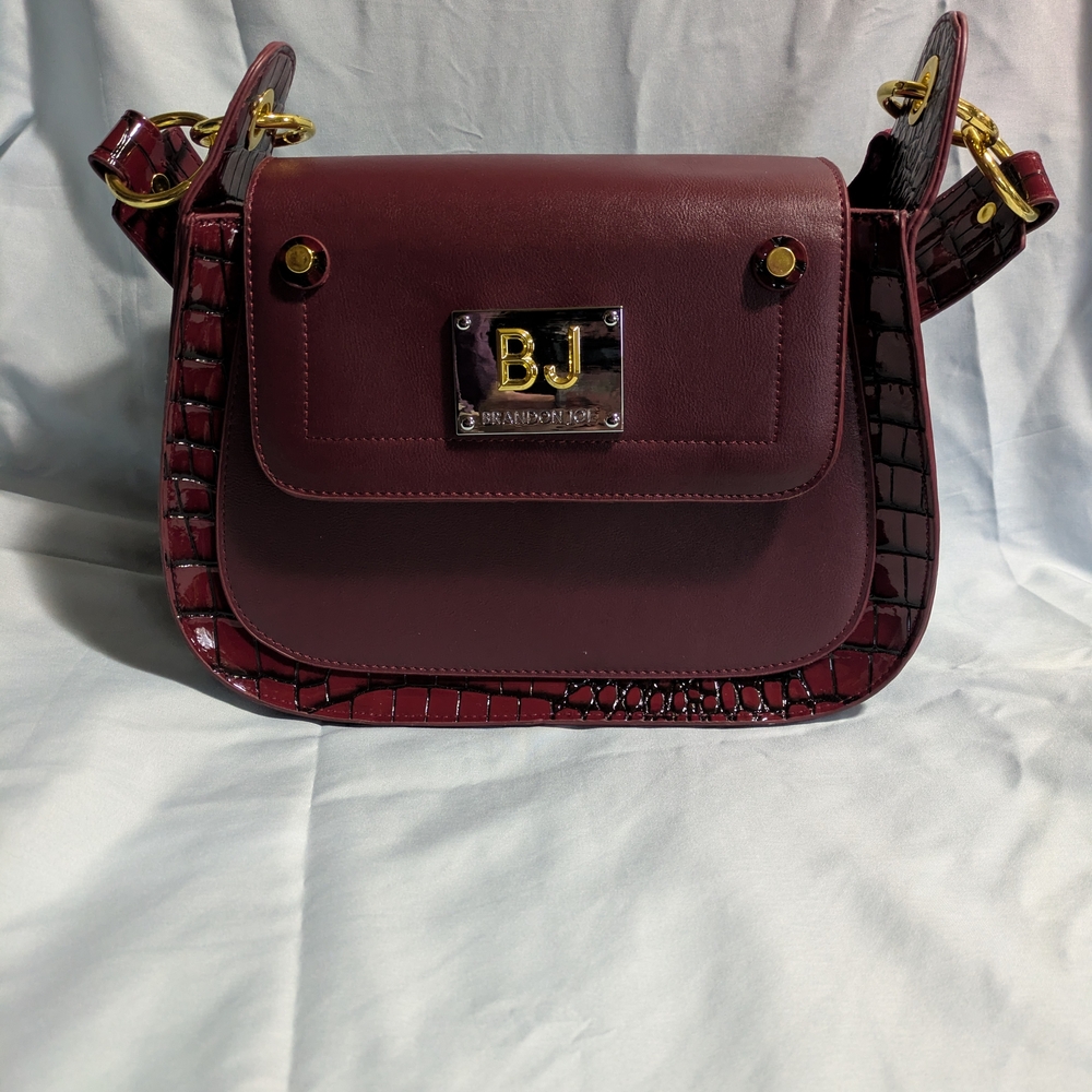 BJ BrandedJoy Burgundy Croc-Trim Leather Shoulder Bag